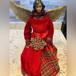 Dark Skin Angel Christmas Tree Topper with Red Velvet‎ Dress 16.5" tall
